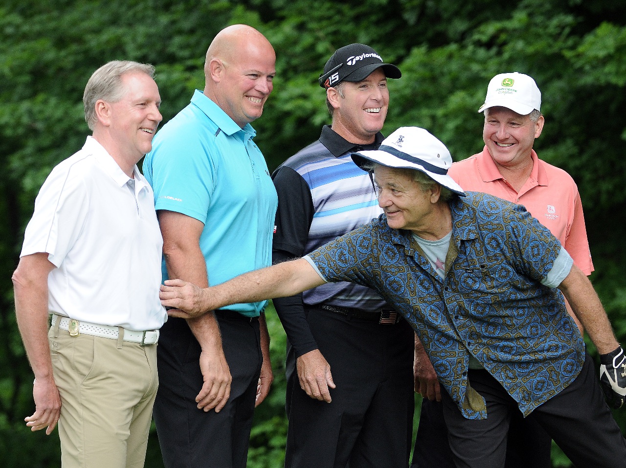Actor Bill Murray tells his playing partners to suck in their guts for the official photo before teeing off on the first hole of the John Deere Classic Pro-Am, Wednesday July 8, 2015. Pictured with Mr. Murray are, left to right, John Lagemann, Jason Luebbe, PGA Pro D.A. Points and Russ Rerucha. (Photo by Todd Mizener - Dispatch/Argus)